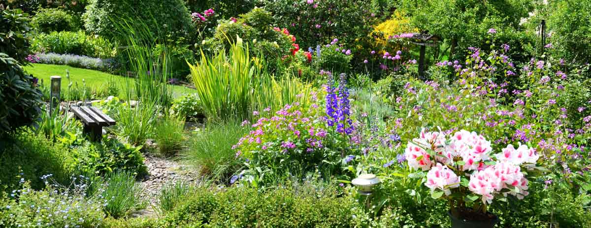 Ein Garten mit vielen Blumenbeeten