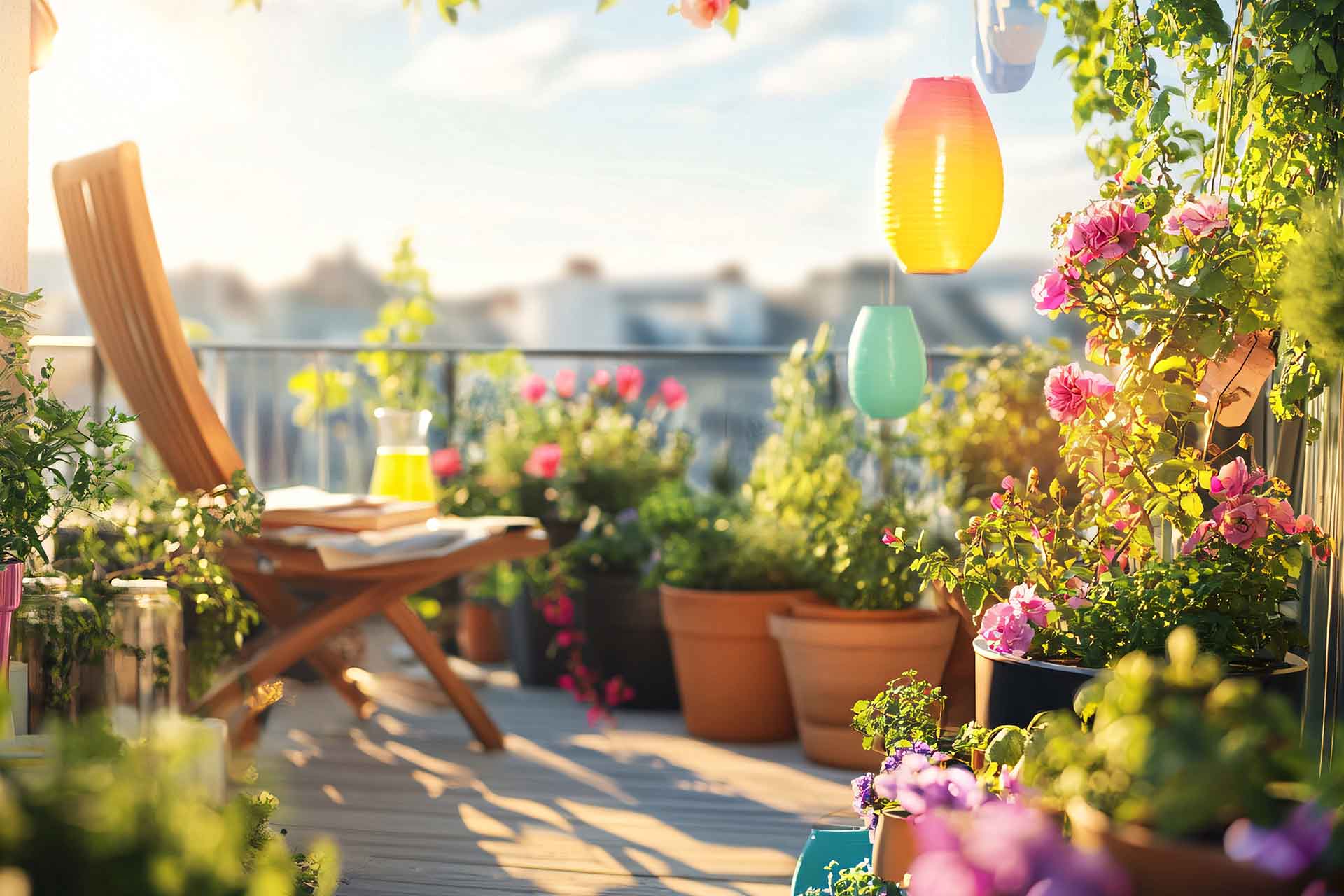 Balkon im Sommer mit bunten Blumen, Lichter und einem Stuhl